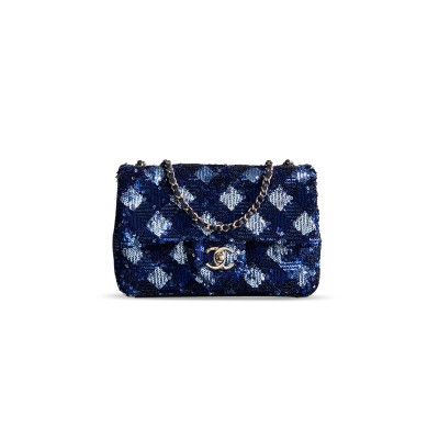 CHANEL FLAP BAG SEQUINS & SILVER METAL & BLUE AS4561 (21*14*8cm)